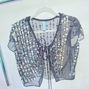 Sequin Crop Tie-Front Top - Black